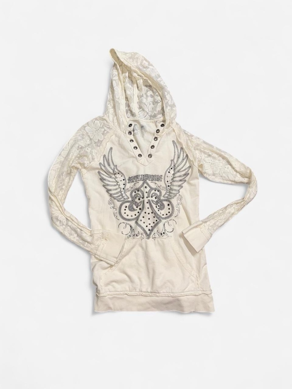 Affliction Cream Lace-Sleeve Pullover Hoodie with Wing Graphic